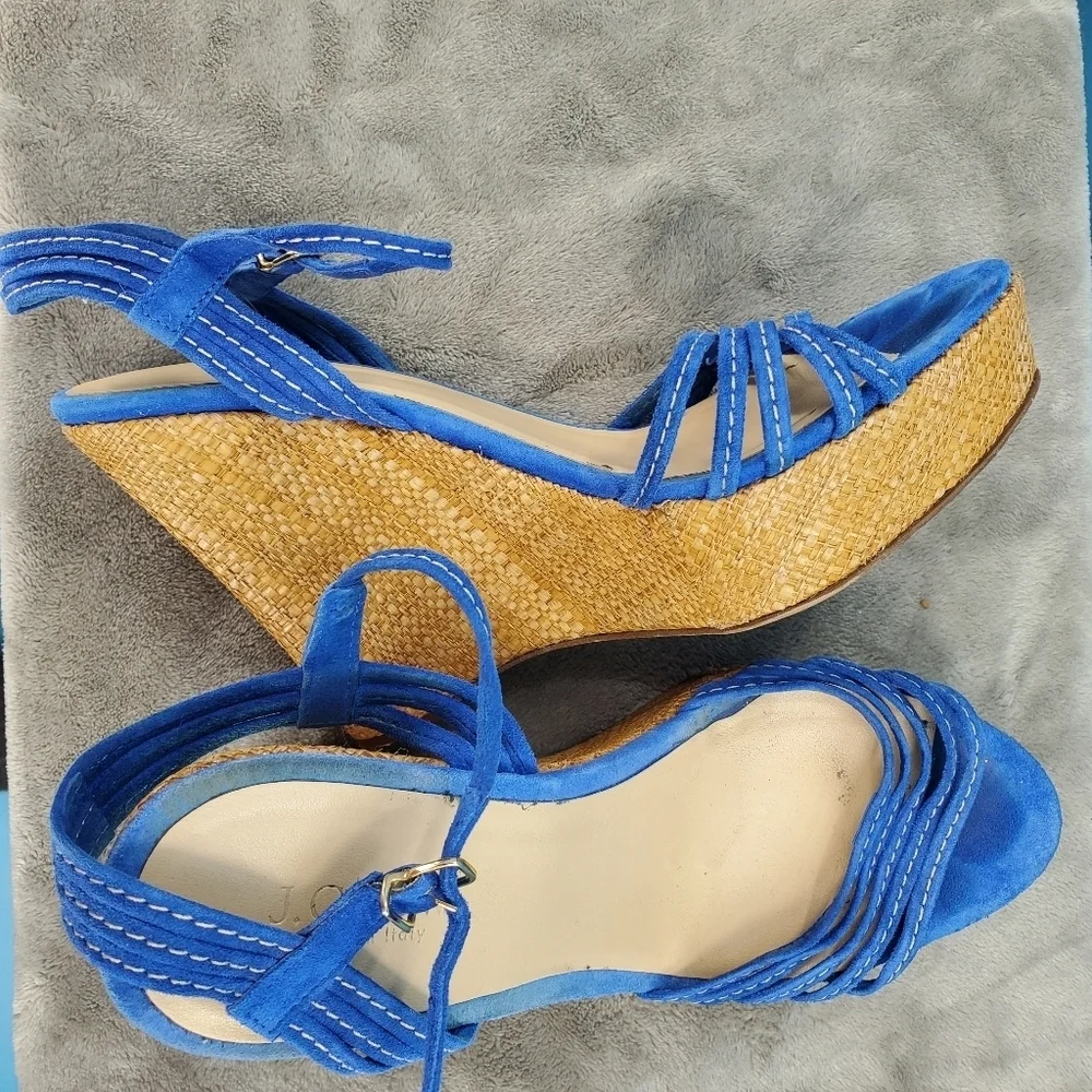 J.Crew blue suede strappy wedge heels 8